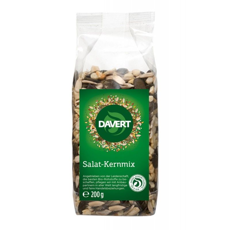 Klare Plastiktüte mit Salat-Kernmix. Grünes Etikett mit "Davert"-Logo und "Salat-Kernmix". Bio-Siegel und Gewichtsangabe: 200g.