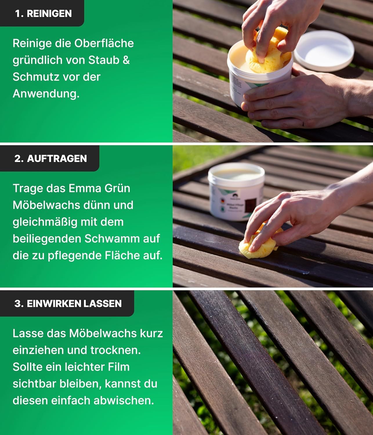 Anwendungsschritte: Reinigen, Auftragen, Einwirken lassen. Hände halten Schwamm und Produkt. Holzoberfläche wird behandelt.