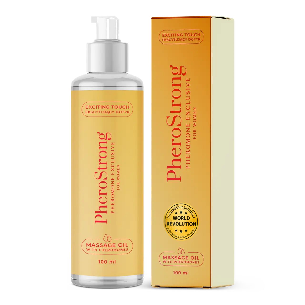 Massageöl-Flasche mit Pumpe und Verpackung. Aufschrift: PheroStrong, Pheromone Exclusive for Women, Massage Oil with Pheromones.