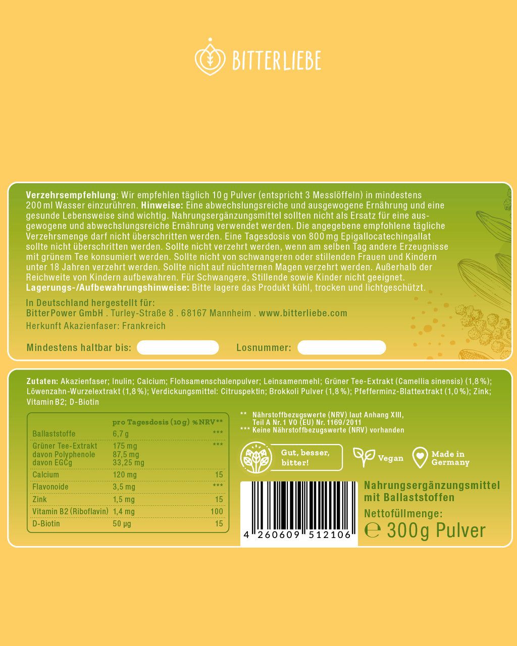 Rückseite der Verpackung. Text: Verzehrempfehlung, Zutaten, Nährwertangaben. Text: BitterLiebe. Made in Germany.