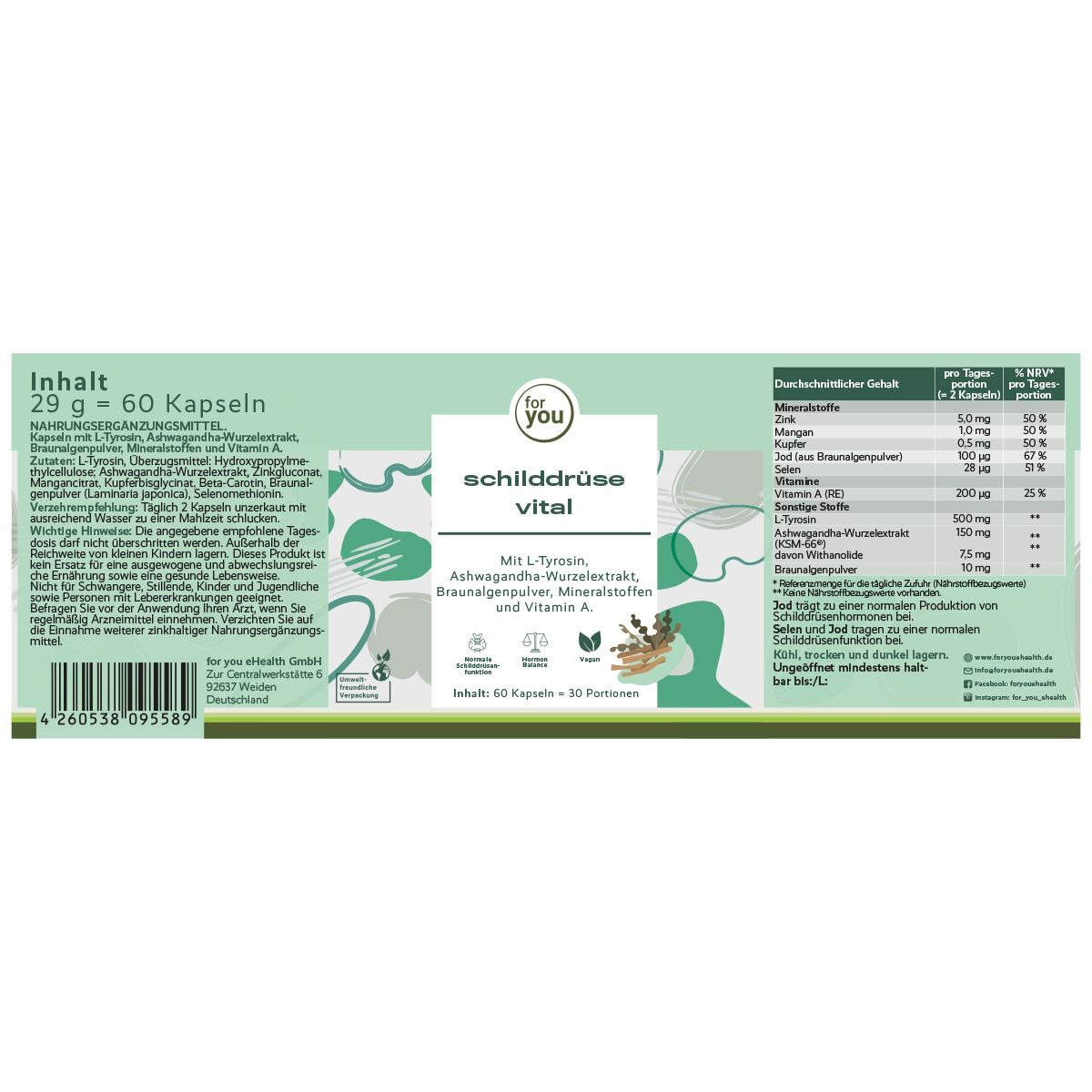 Produktverpackung mit Produktnamen und Inhaltsangaben. Enthält 60 Kapseln. Enthält Informationen zu Nährwerten und Inhaltsstoffen.