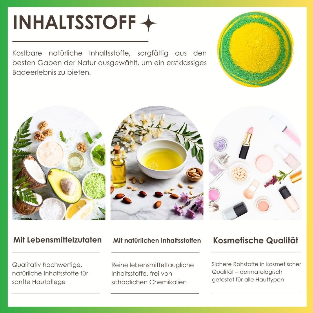 Inhaltsstoffe. Illustrationen von Inhaltsstoffen. Text: Mit Lebensmittelinhaltsstoffen, mit natürlichen Inhaltsstoffen, kosmetische Qualität.