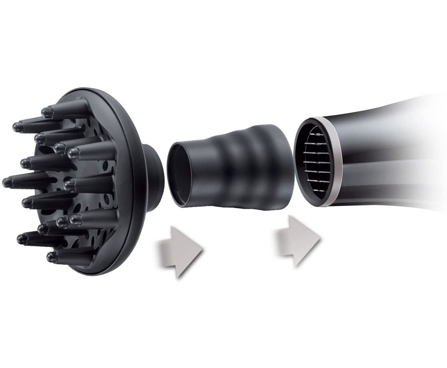 Schwarzer Diffusor-Aufsatz, getrennt dargestellt. Pfeile zeigen die Montage an. Der Aufsatz hat viele kleine, konische Noppen.