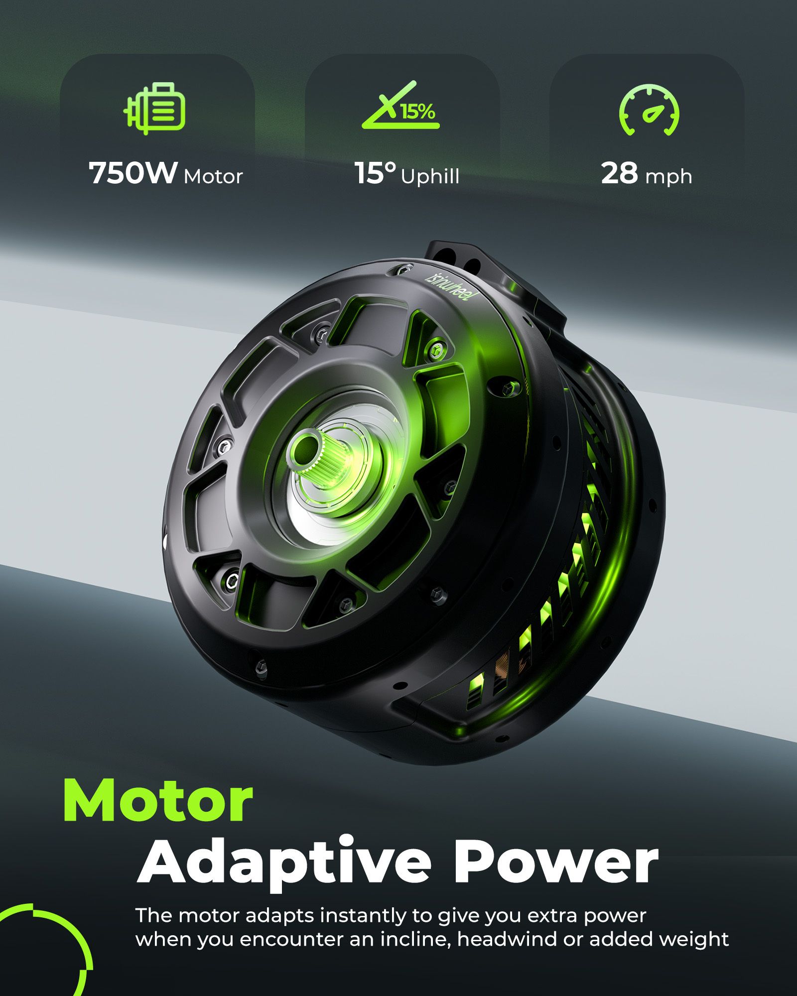 Nahaufnahme des Motors eines E-Bikes. Text: 750W Motor, 15° Uphill, 28 mph. Adaptive Power.