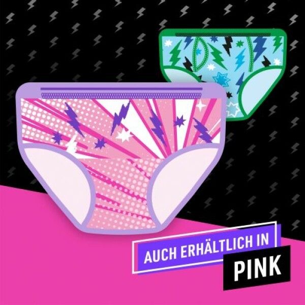 Zwei Ninjamas Pyjama Pants, eine pink, eine blau. Aufschrift: "Auch erhältlich in Pink". Hintergrund: pink und schwarz mit Blitz-Motiven.