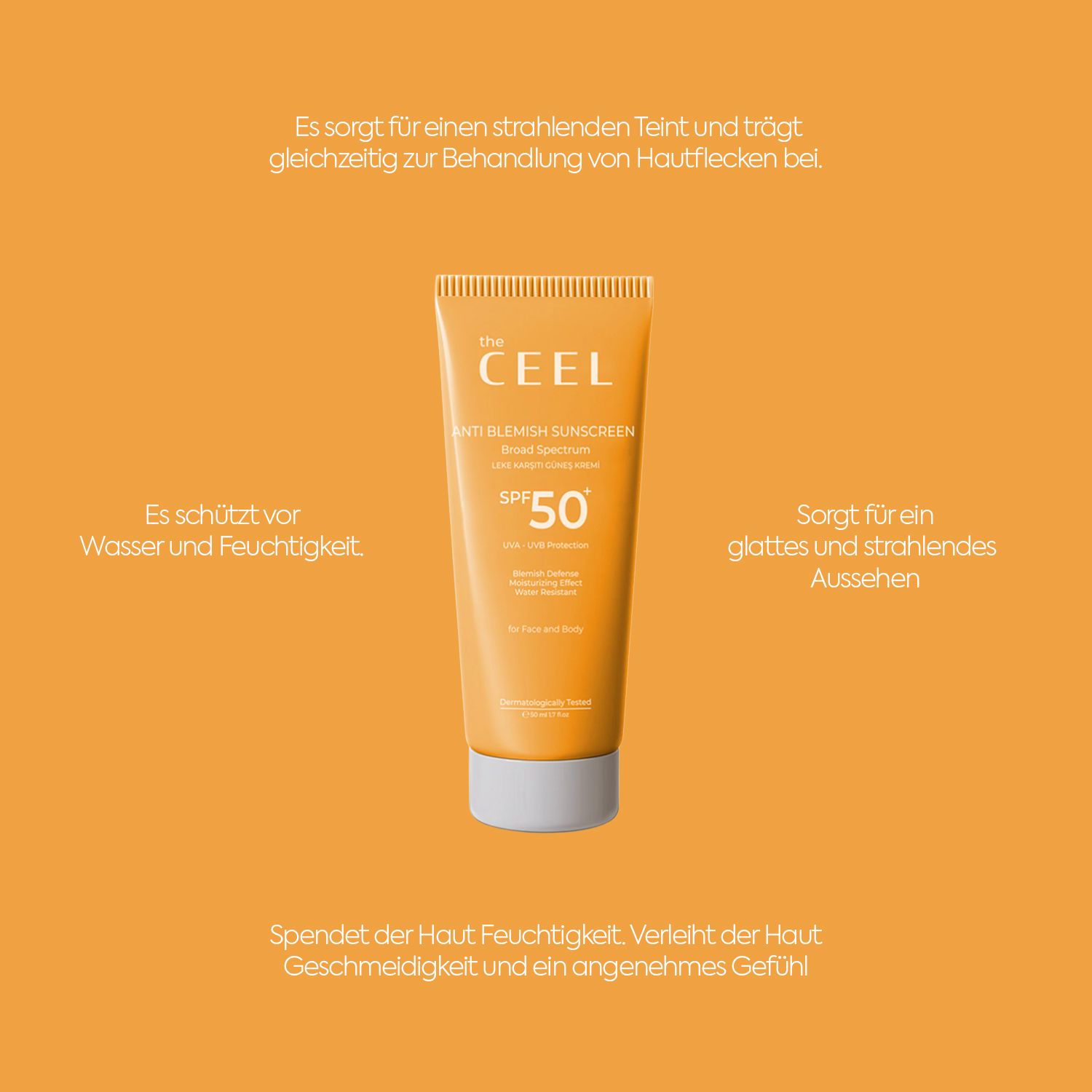 Orange Tube: The CEEL Anti Blemish Sunscreen SPF 50. Breitspektrum Sonnenschutz.