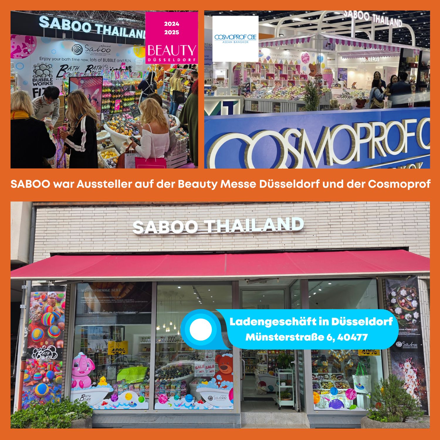 Fotos von SABOO auf Messen und in einem Geschäft in Düsseldorf. Text in Deutsch.