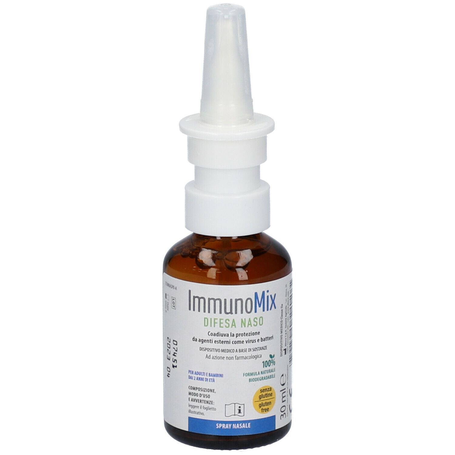 Flacone di vetro marrone con applicatore nasale. Testo: ImmunoMix Difesa Naso. 30 ml. Etichetta informativa. Marchio CE.