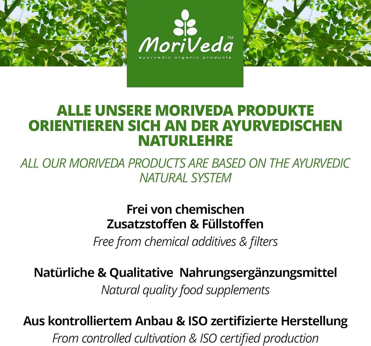 Text: MORIVEDA Produkte basieren auf ayurvedischer Naturlehre. Frei von chemischen Zusätzen. Natürliche Nahrungsergänzungsmittel.