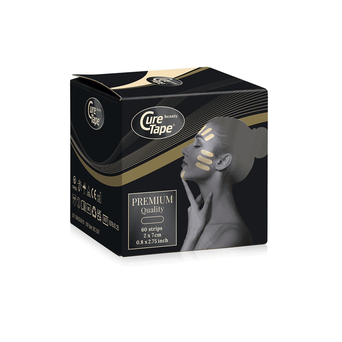 Schwarze Produktverpackung mit Logo und Frauengesicht. Enthält vorgeschnittene Beauty-Tapes. Aufschrift: Premium Quality, 60 Streifen, 2x7cm.