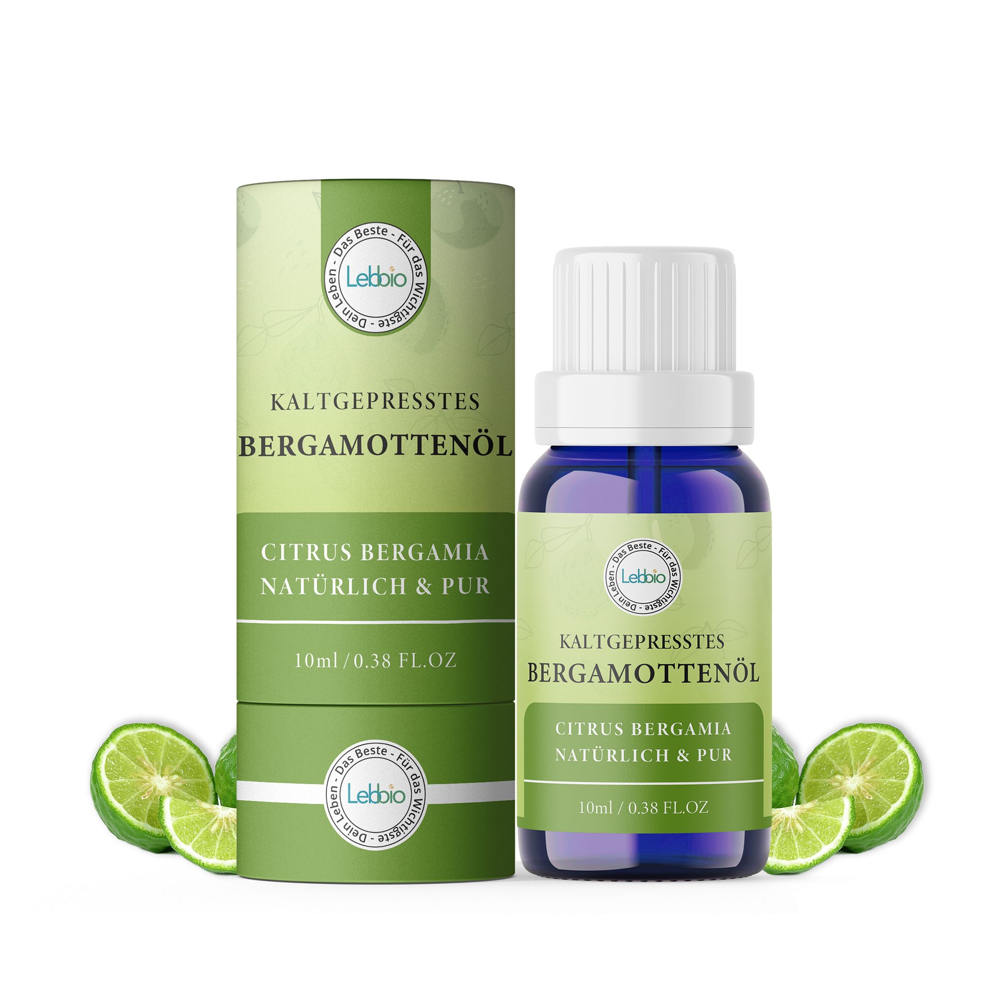 Blaue Glasflasche mit weißem Deckel und grüner Etikett. Daneben eine grüne Pappverpackung. Aufschrift: Bergamottenöl.