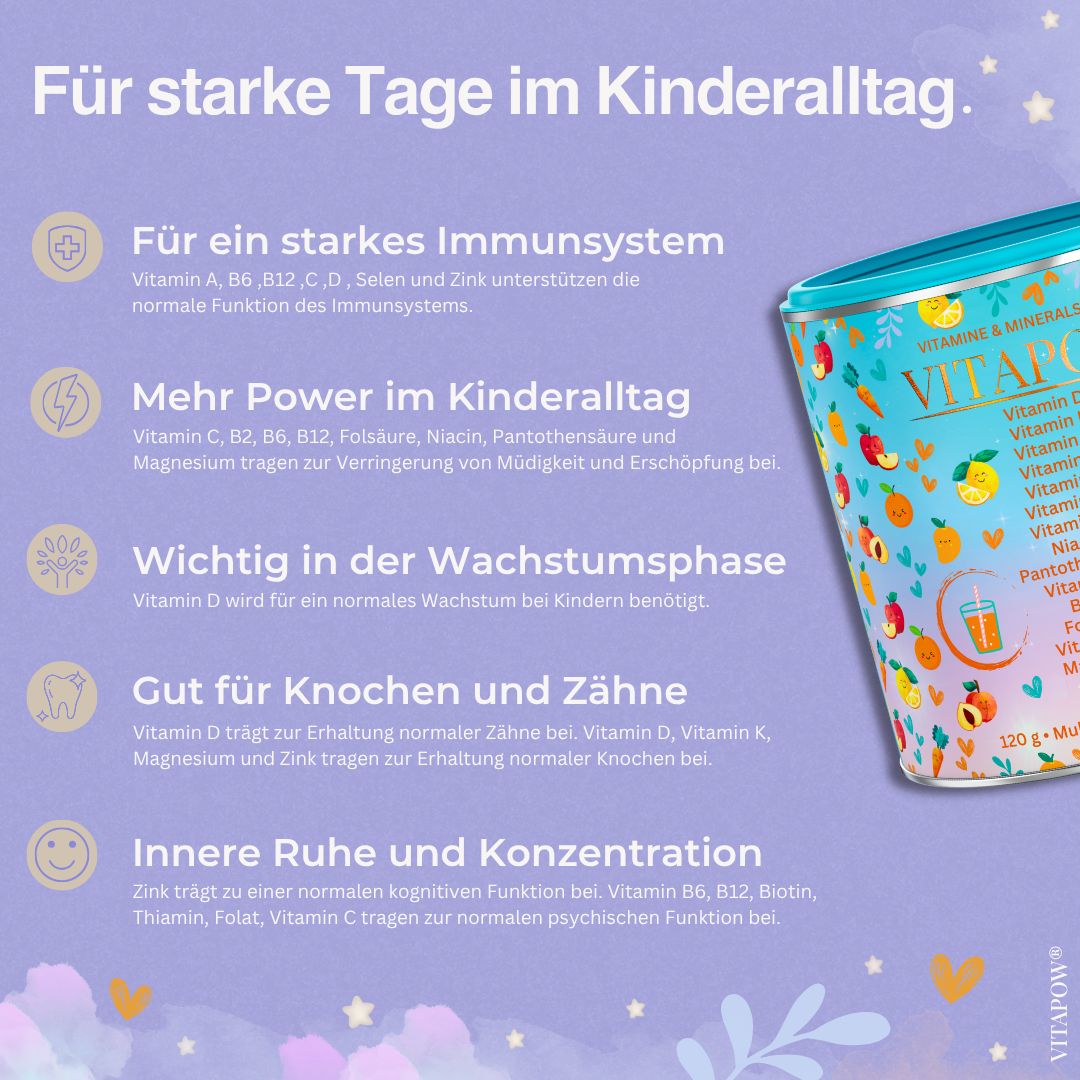 Vitapow Kinder Multivitamin Pulver + Mineralstoffe - Vitamine für Kinder - 30 Portionen