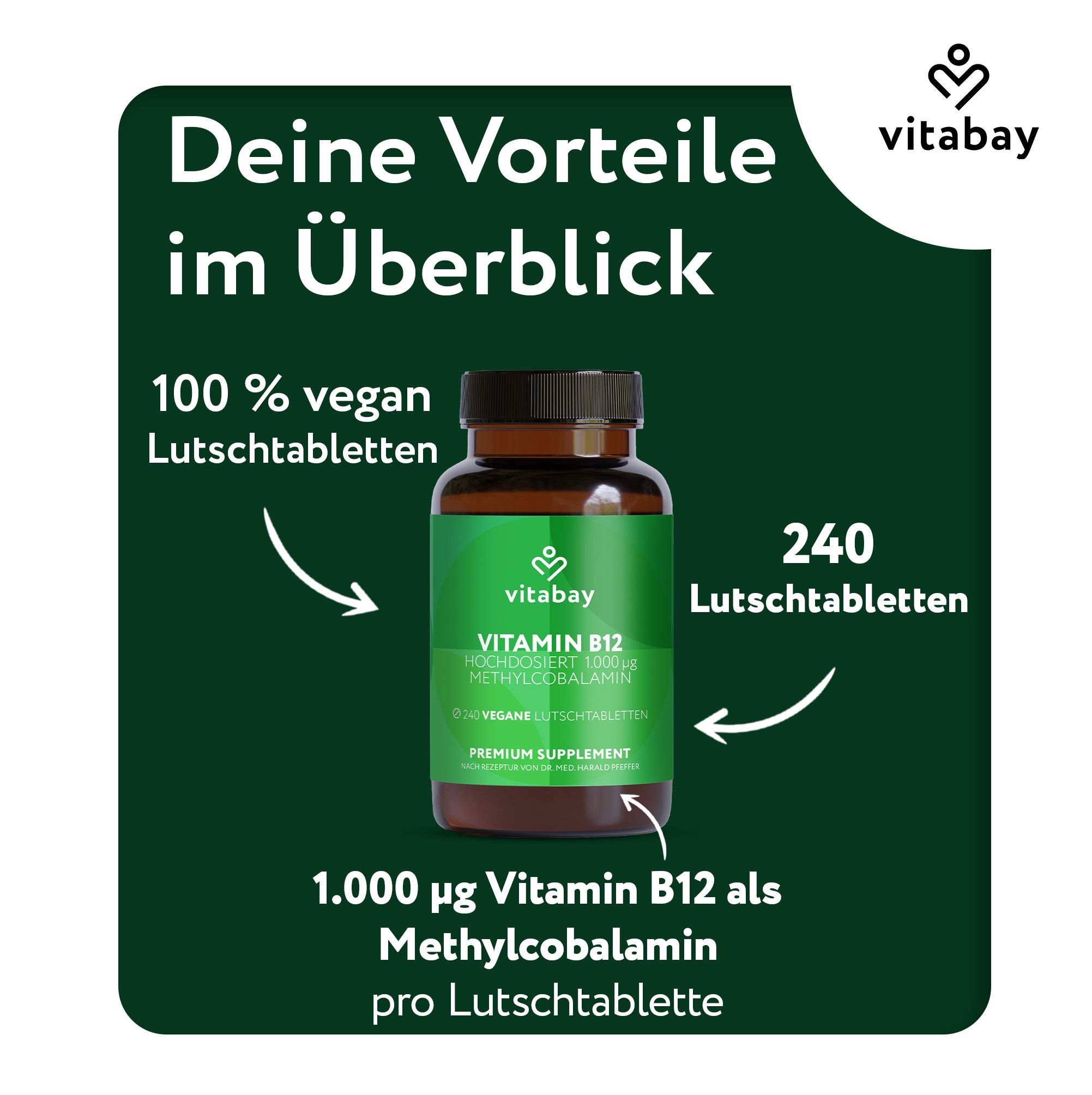 Vitabay Vitamin B12: 100% vegane Lutschtabletten, 240 Stück, 1000 mcg pro Tablette.