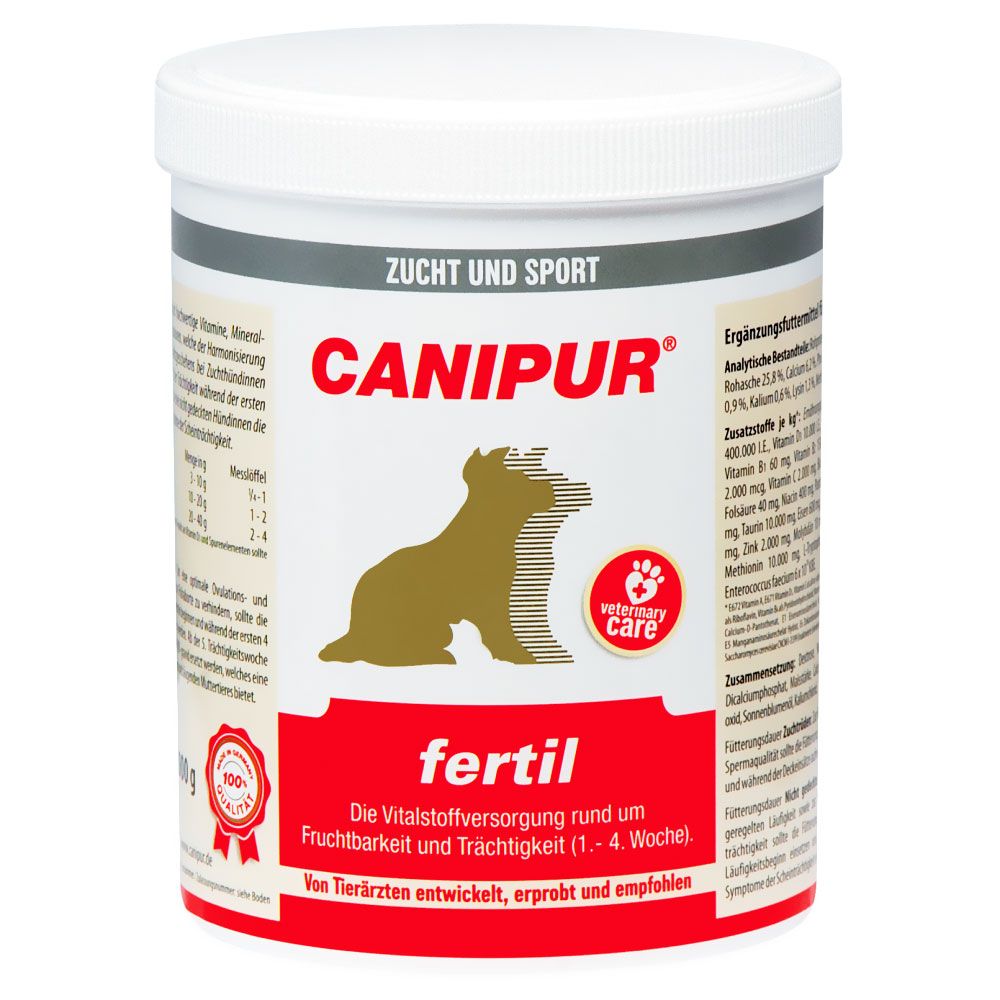 Runde Dose mit weißem Deckel. Aufschrift CANIPUR, Logo mit Hund, Text: fertil. Für Fruchtbarkeit und Trächtigkeit. Veterinär-Siegel.
