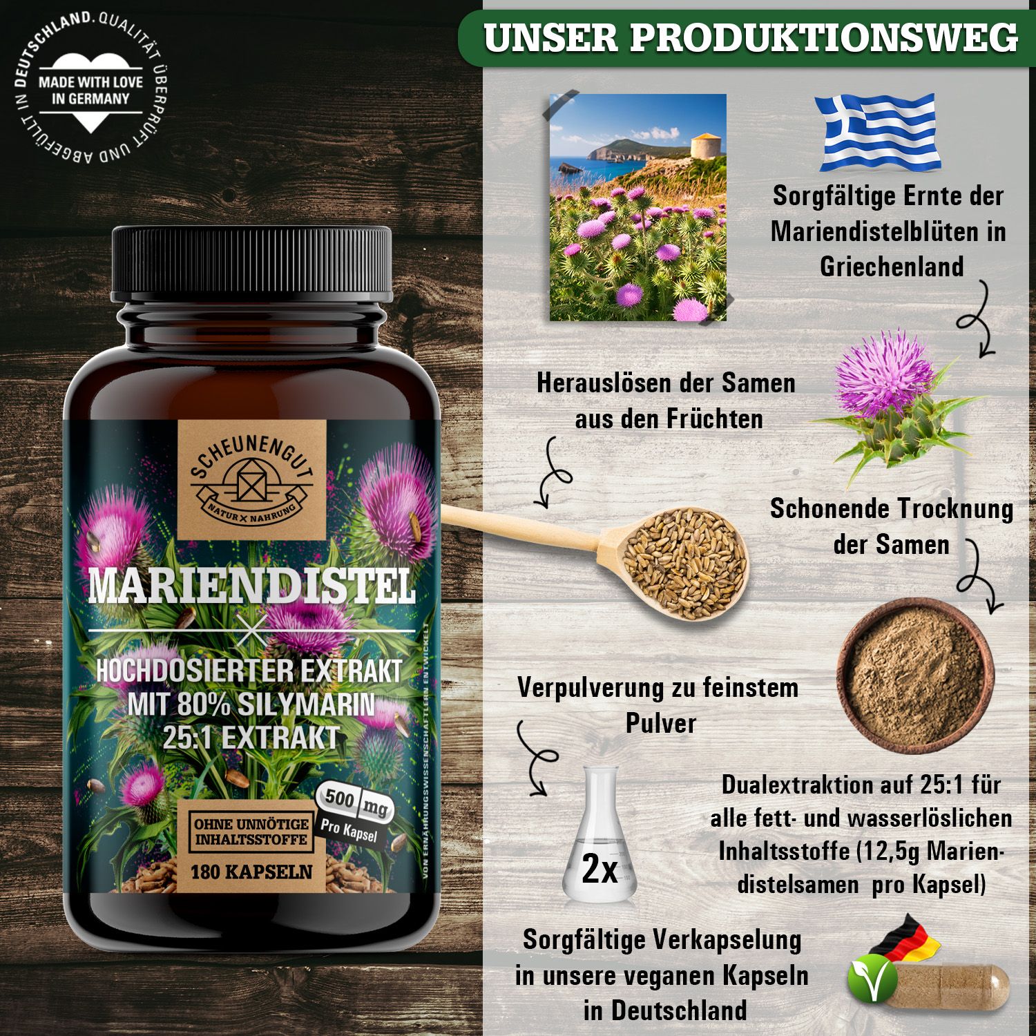 Scheunengut® Mariendistel 25:1 Extrakt | Hochdosiert mit mindestens 80% Silymarin 180 St Kapseln