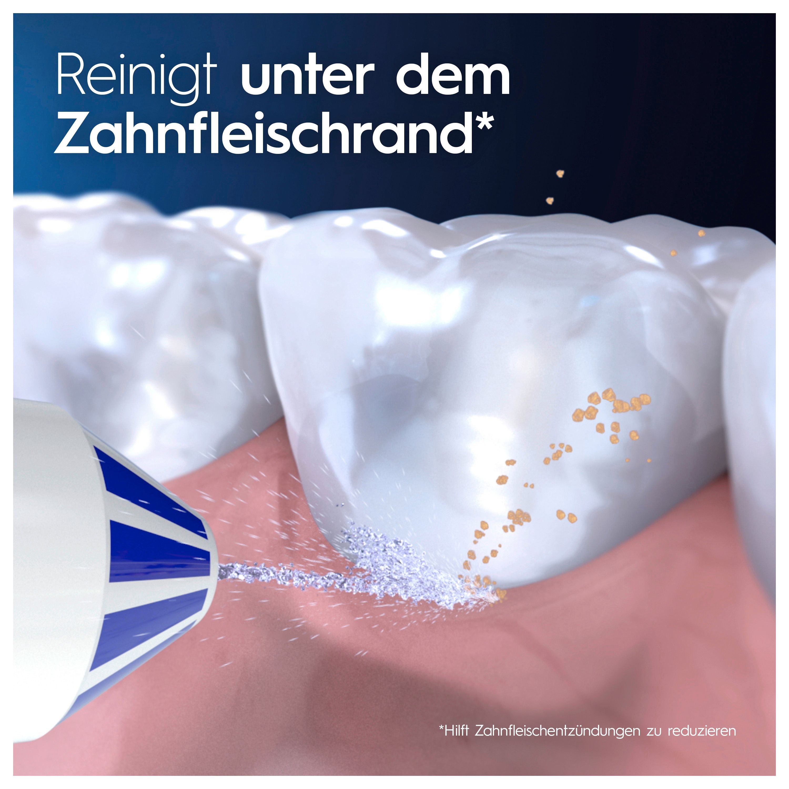 Nahaufnahme zeigt Mundduschenaufsatz, der zwischen Zähnen und Zahnfleisch reinigt. Text: Reinigt unter dem Zahnfleischrand.