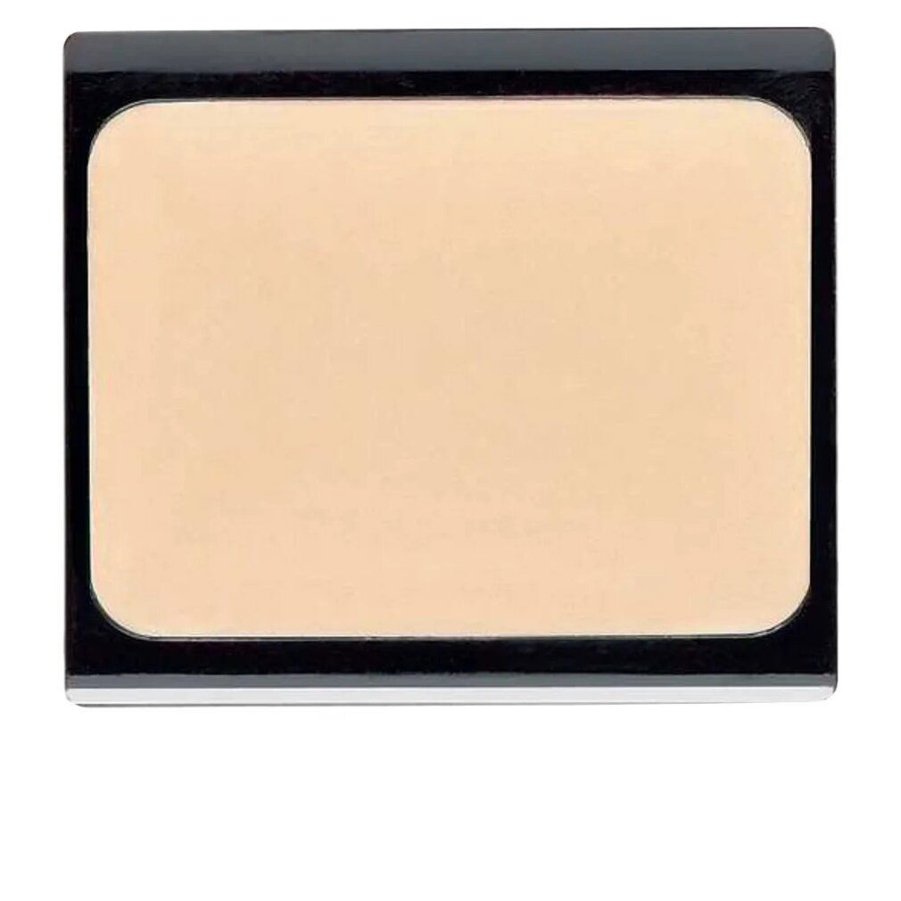 Kompakte, rechteckige Camouflage-Creme in einem schwarzen Behälter. Helle, beige Farbe. Abgerundete Ecken.
