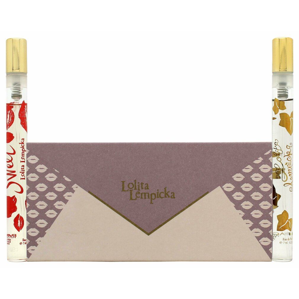 Geschenkset mit zwei Parfümflakons und einer lilafarbenen Hülle mit Lippenmuster. Goldfarbener Schriftzug: Lolita Lempicka.