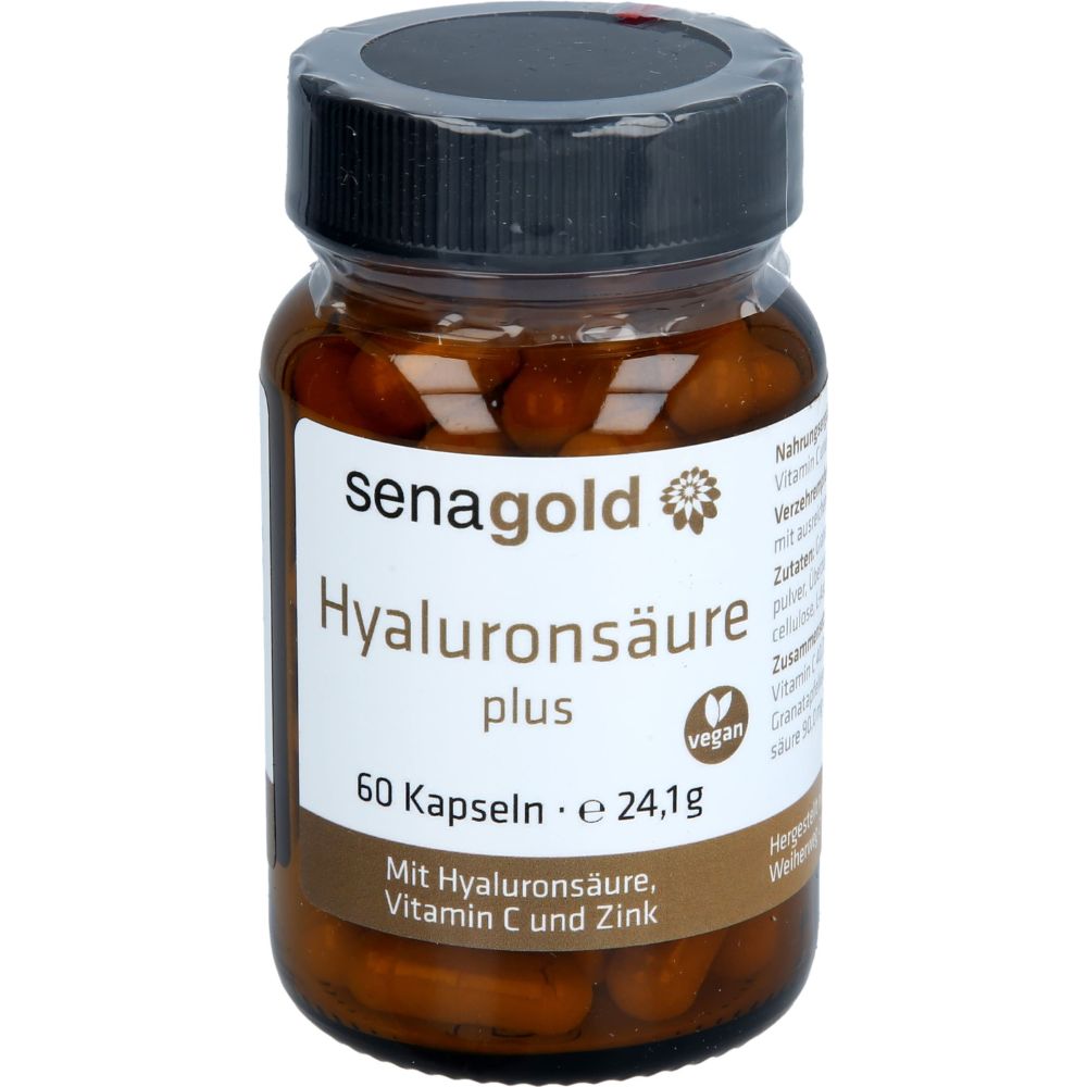 Braune Glasflasche mit Kapseln. Etikett mit "senagold Hyaluronsäure plus", "60 Kapseln", "vegan".