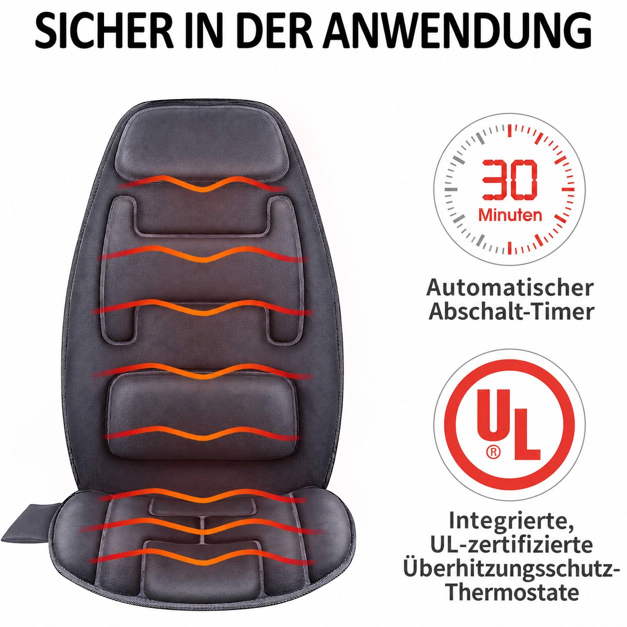 Dunkelgraue Massagematte mit integrierten Heizspiralen und UL-Zertifizierung.