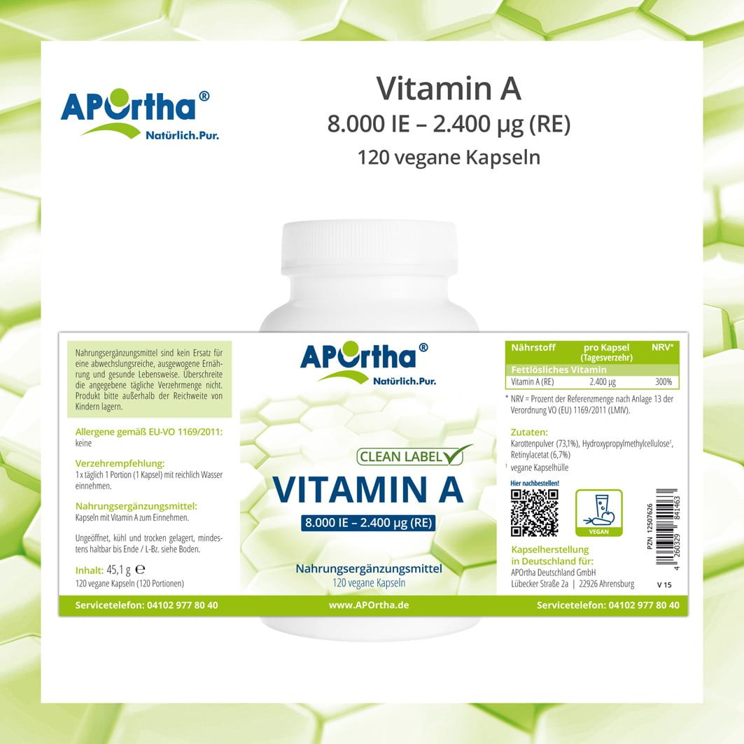 Etikett einer Flasche APOrtha Vitamin A Kapseln. Enthält Informationen zu Inhaltsstoffen, Nährwerten und Hersteller.