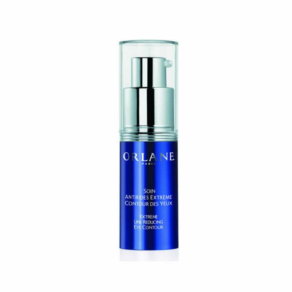 Blaue Flasche mit silberner Pumpe und durchsichtigem Deckel. Aufschrift: ORLANE PARIS, SOIN ANTIRIDES EXTRÊME CONTOUR DES YEUX, EXTREME LINE-REDUCING CARE EYE CONTOUR.