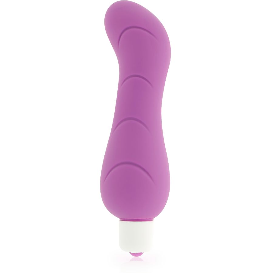 Lila Vibrator aus Silikon mit weißem Kopf. Geschwungene Form mit drei Rillen.