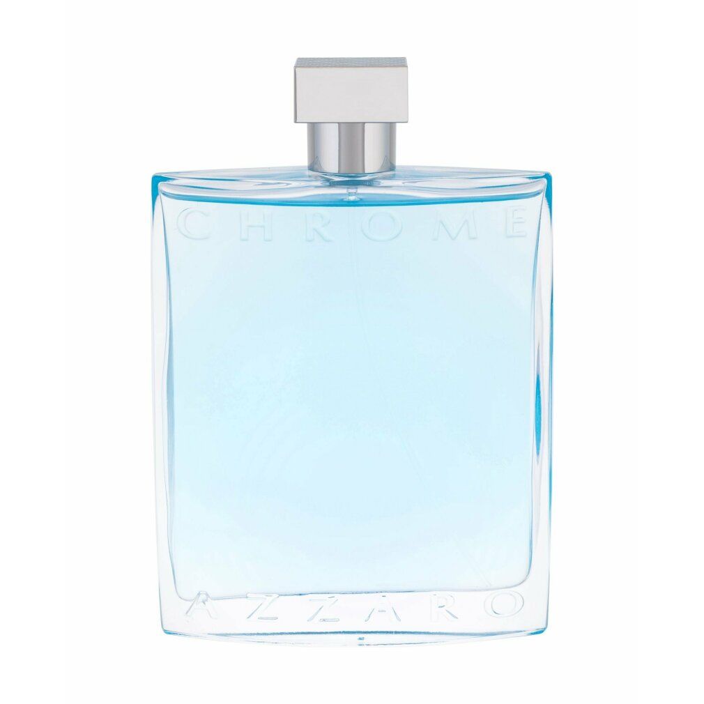 Rechteckiger Flakon mit hellblauer Flüssigkeit. Silberner Verschluss. "CHROME" und "AZZARO" Schriftzug auf dem Glas.