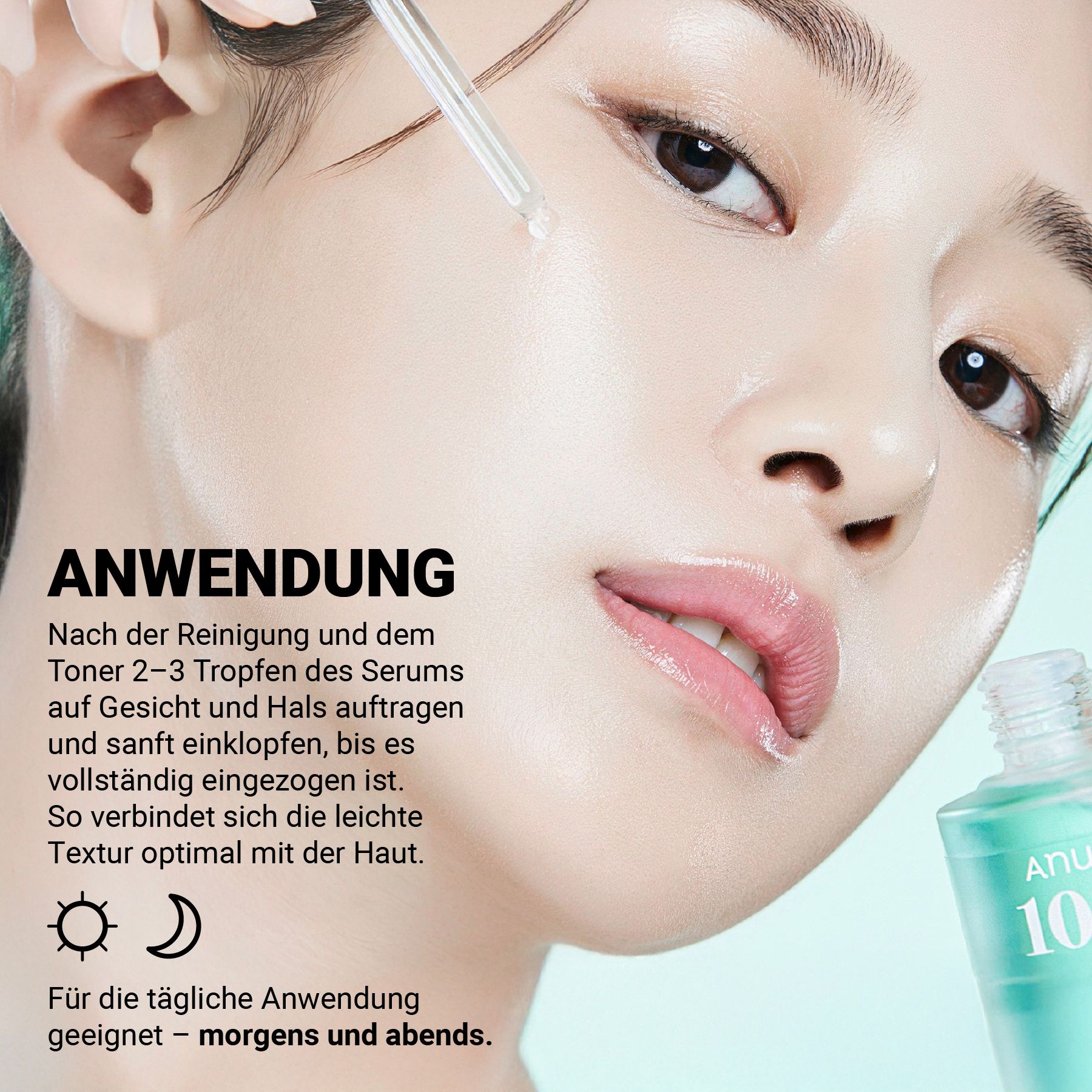 Anua Hyaluronic Acid Capsule 100 Serum Flasche mit Pipette, die Serum auf eine Hautoberfläche tropft.