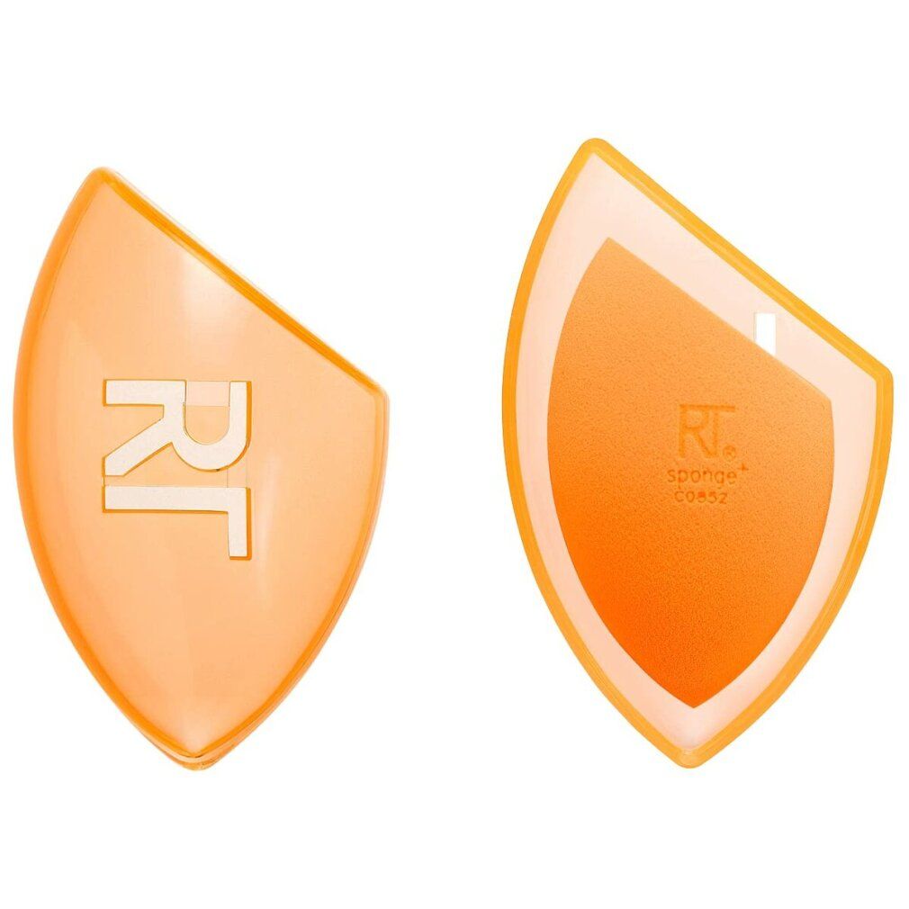 Zwei orangefarbene Make-up-Schwämme in einer durchsichtigen Hülle. Auf der Hülle steht "RT".