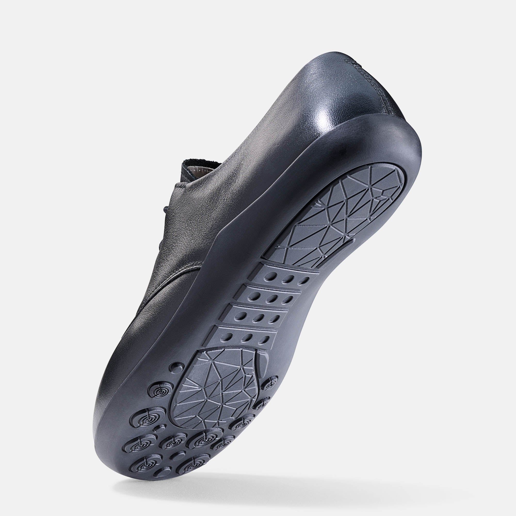 Schwarzer Lederschnürschuh. Breite Passform. Schuh von unten gesehen, Sohle mit Profil.