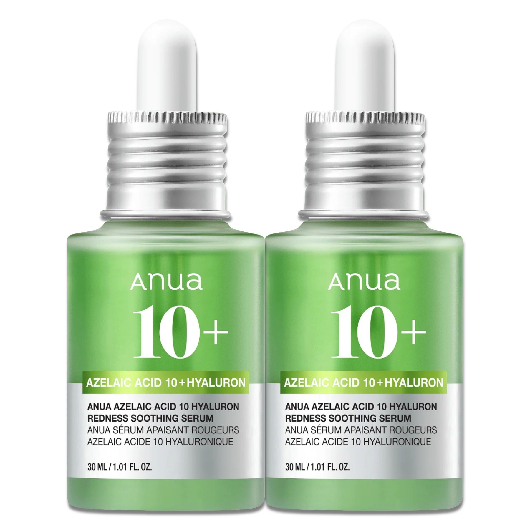 Zwei grüne Glasflaschen mit weißem Deckel und Pipette. Aufschrift: Anua 10+ Azelaisäure Hyaluron Serum.
