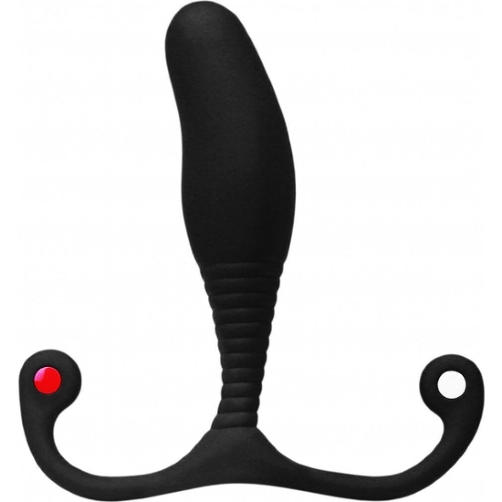Schwarzer Butt-Plug mit geripptem Schaft und zwei gebogenen Griffen, einer mit rotem Schmuckstein.