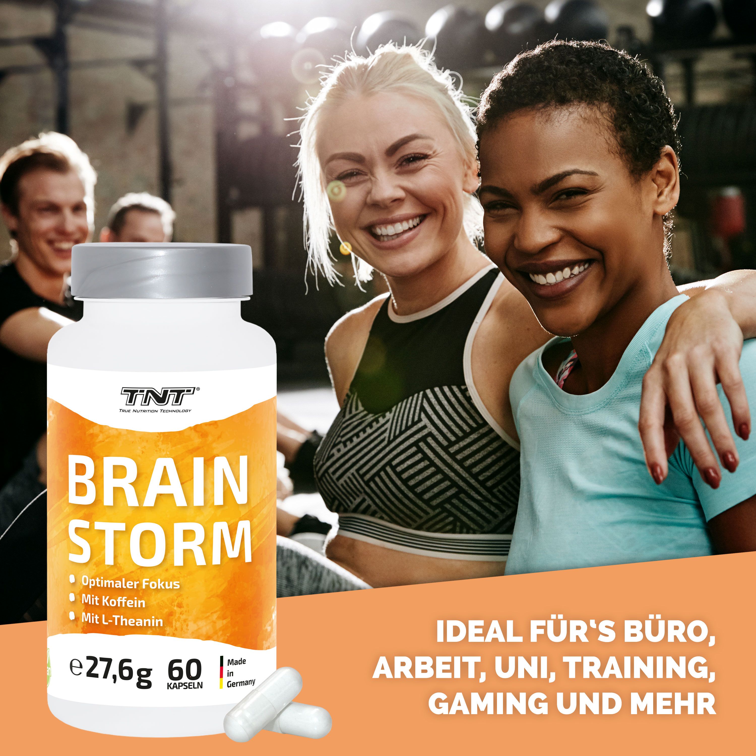Zwei Frauen lächeln. Flasche mit Aufschrift: BRAIN STORM, 60 Kapseln. Text.