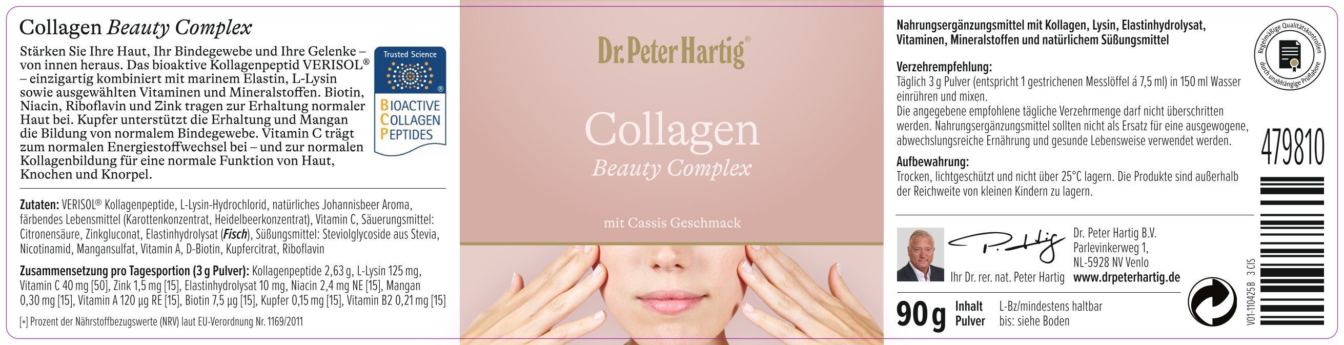 Produktverpackung. Aufschrift: Collagen Beauty Complex. Mit Cassis Geschmack. Enthält Informationen zu Inhaltsstoffen und Anwendung.