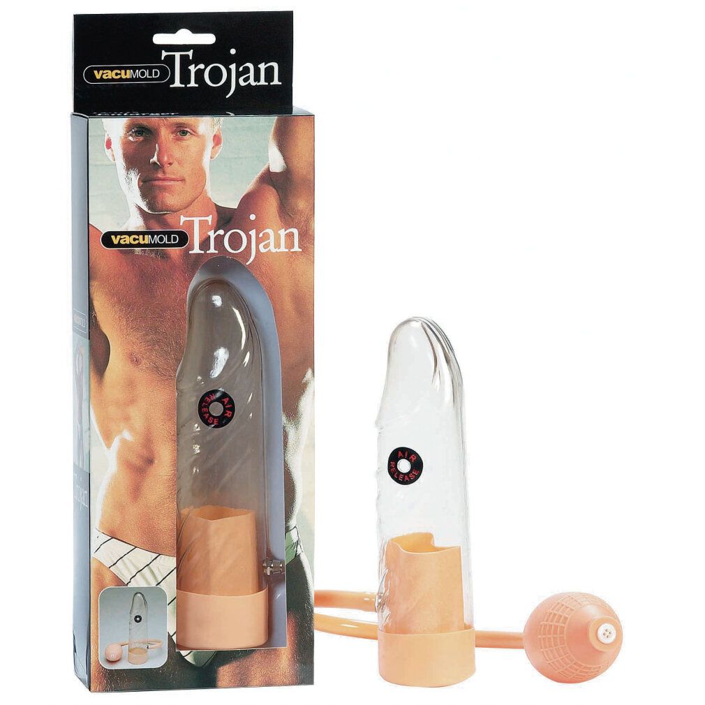 Penispumpe "Trojan" in Verpackung. Transparentes Gehäuse, orangefarbene Basis und Pumpe. Mann auf der Verpackung.