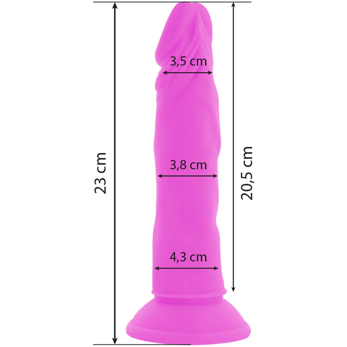 Rosa Dildo mit strukturiertem Schaft und Saugnapf. Abmessungen: 23 cm hoch, 20,5 cm lang, Durchmesser 3,5 bis 4,3 cm.
