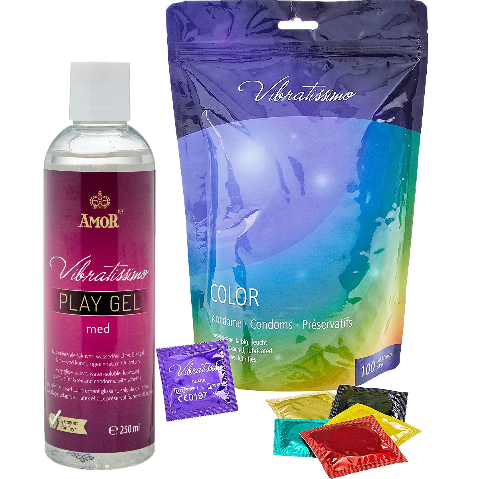 Vibratissimo Kondome Color + Play Gel Set 100 St