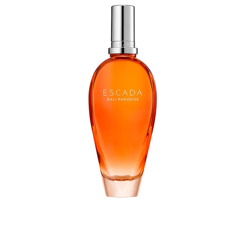 Escada Bali Paradise Eau De Toilette Spray. Orangefarbener Flakon mit silbernem Verschluss. Aufschrift: Escada Bali Paradise.