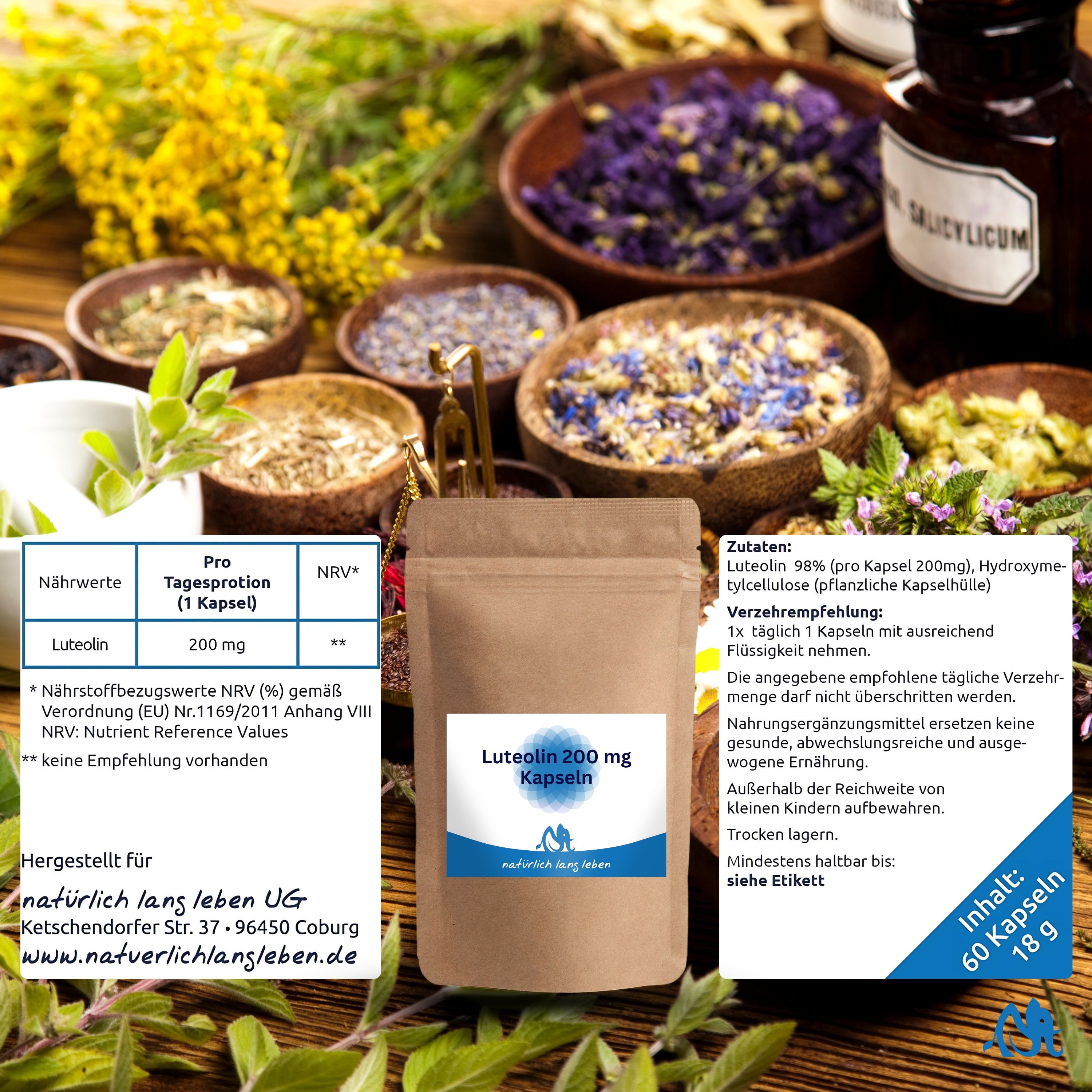 Braune Tüte mit blau-weißem Etikett. Aufschrift: Luteolin 200 mg Kapseln. Umgeben von Kräutern und Informationen.