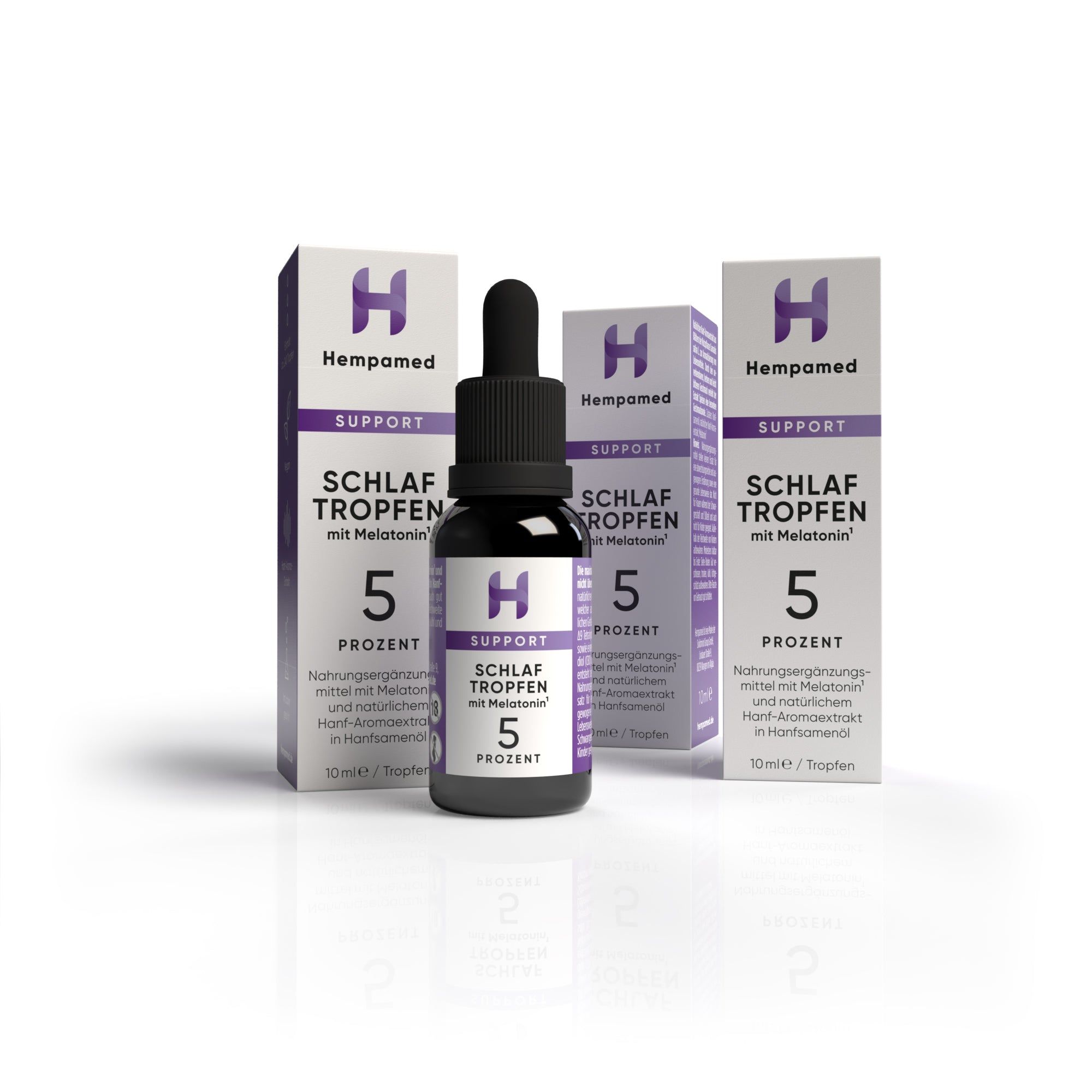 Drei Packungen und eine Flasche. Text: Hempamed, SUPPORT, SCHLAF TROPFEN, 5 PROZENT. 10 ml.