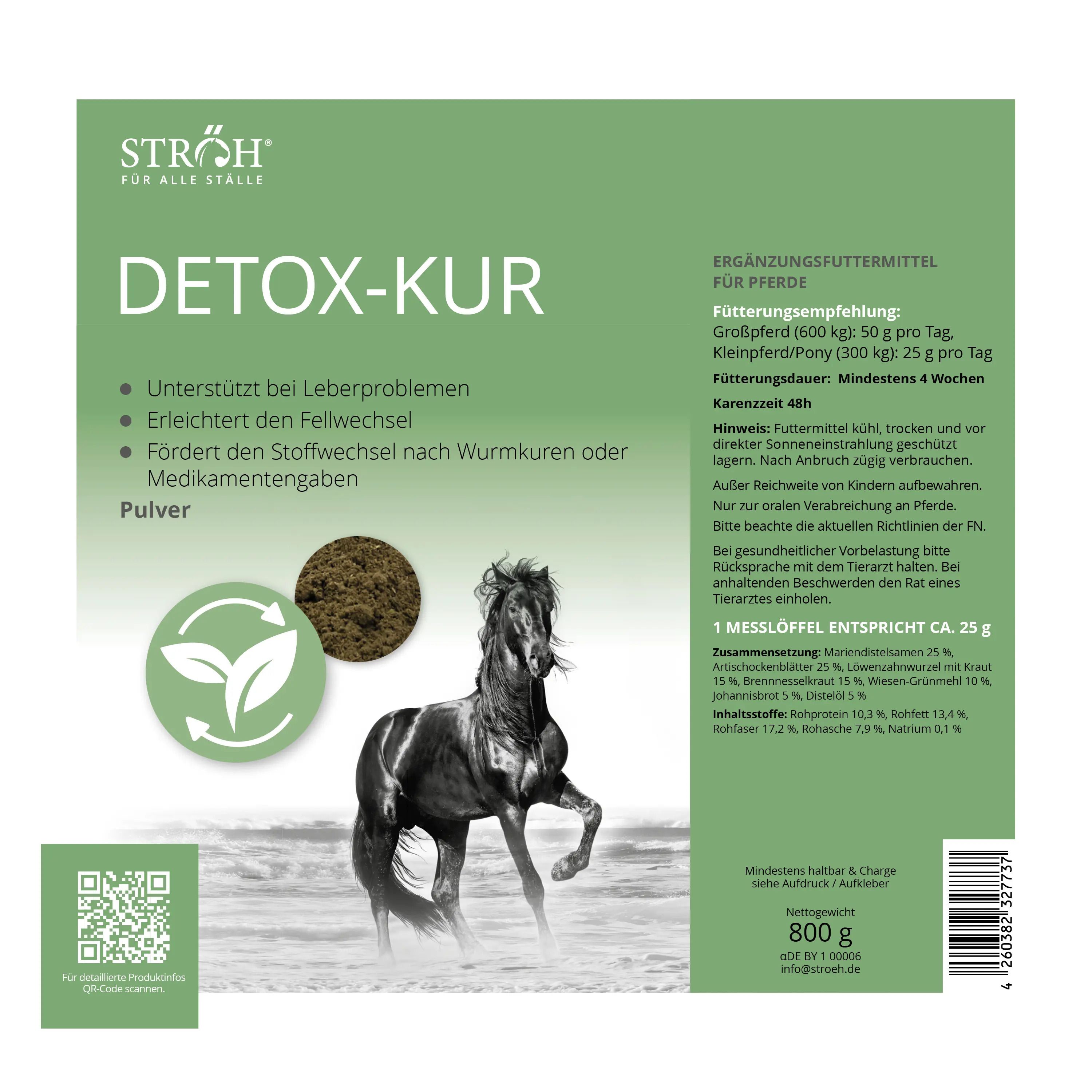 Grüne Verpackung mit Text: DETOX-KUR, Ergänzungsfuttermittel für Pferde. Logo mit Pferd. Text und Inhaltsangaben. Marke: STRÖH.