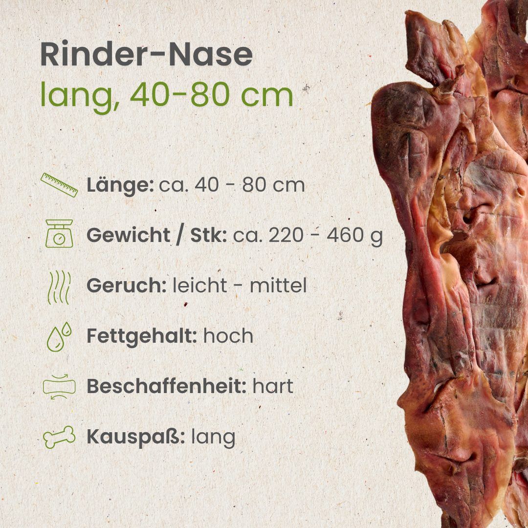 Lange Rinder-Nase, 40-80 cm, 100% Rind, unterstützt natürliche Zahnpflege.