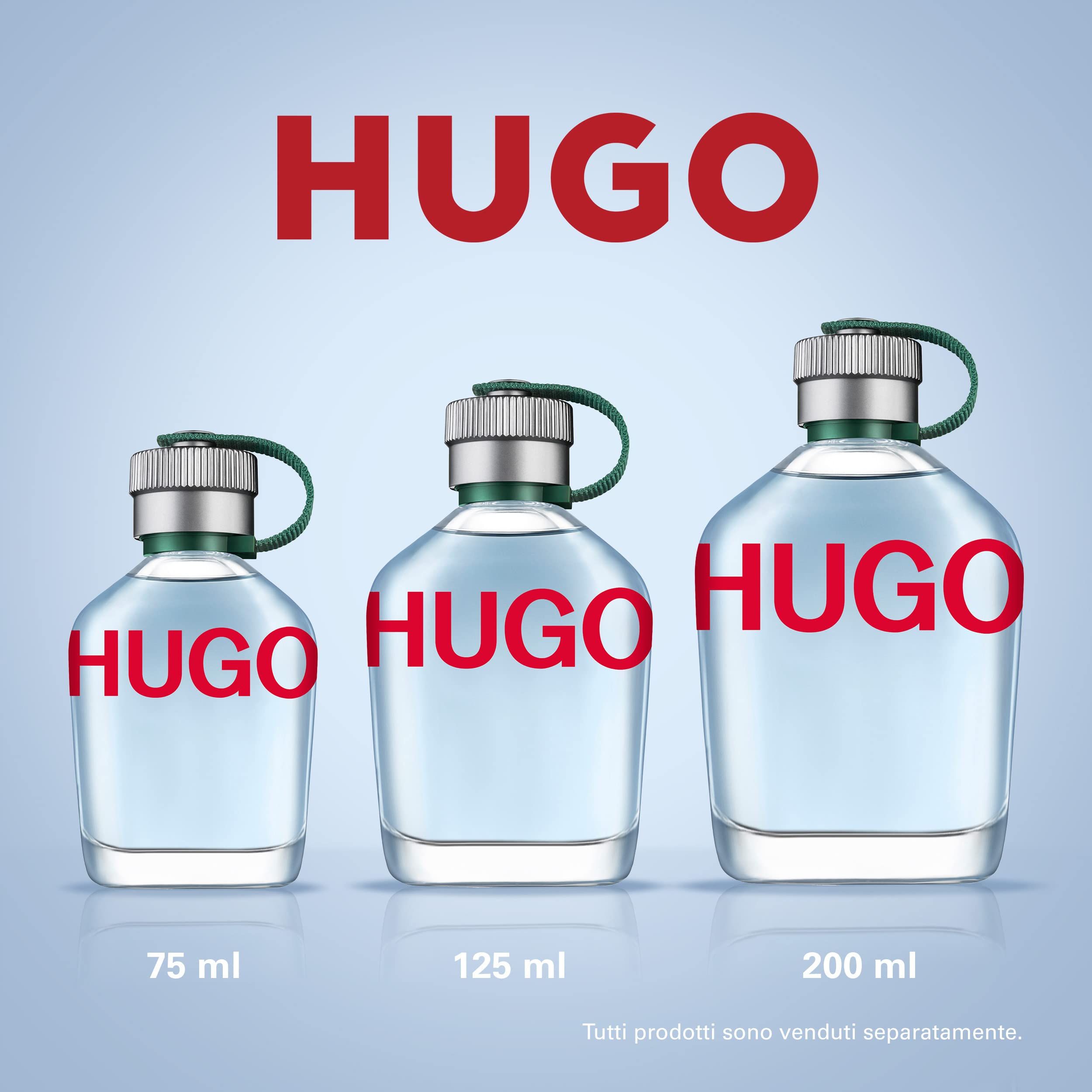 Drei Flakons mit grünem Verschluss. Aufschrift: HUGO. Größen: 75 ml, 125 ml, 200 ml.