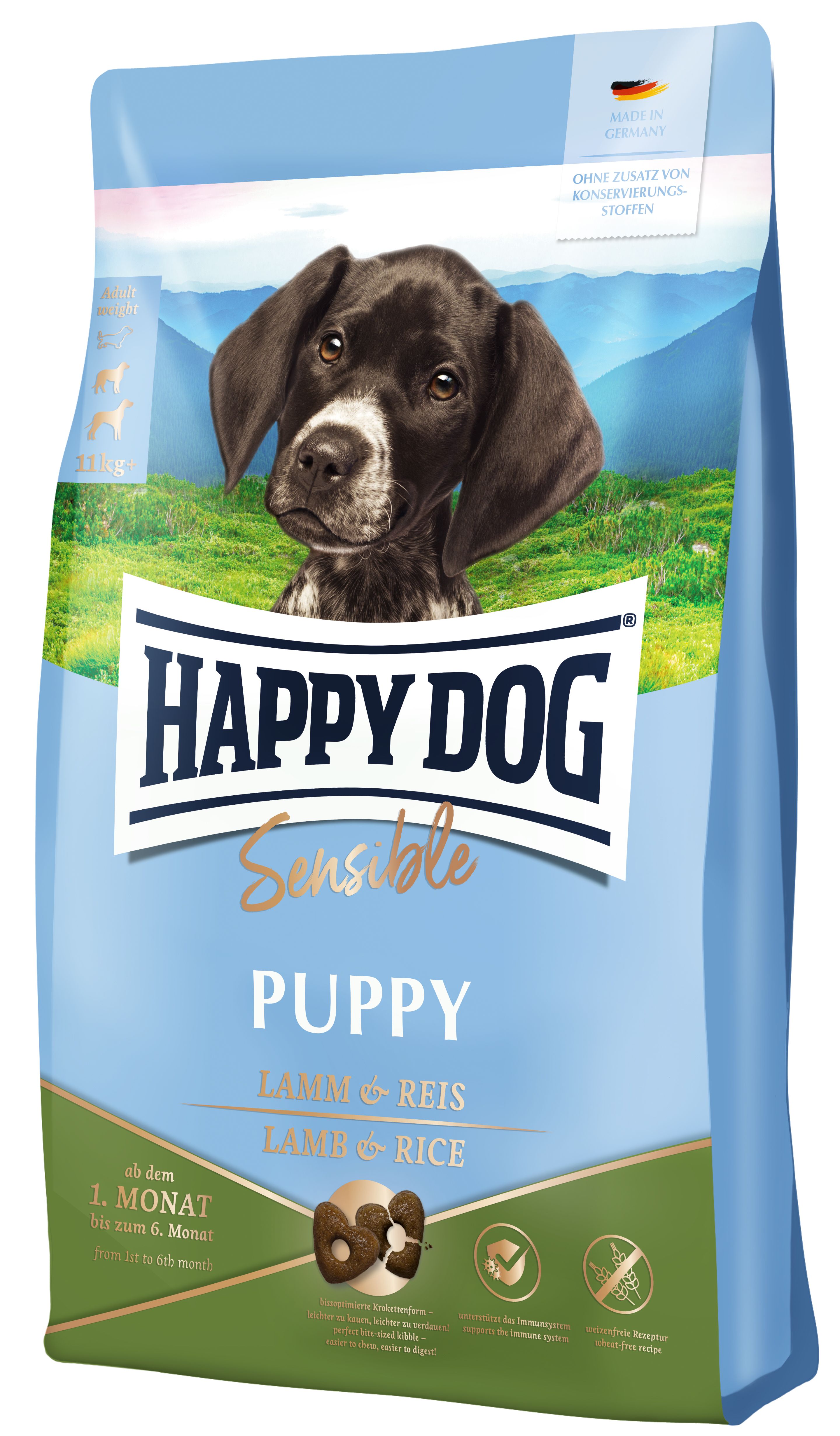 Hundefutterbeutel mit Welpenfoto. Aufschrift: HAPPY DOG, Puppy, Lamm & Reis. Ab dem 1. Monat.