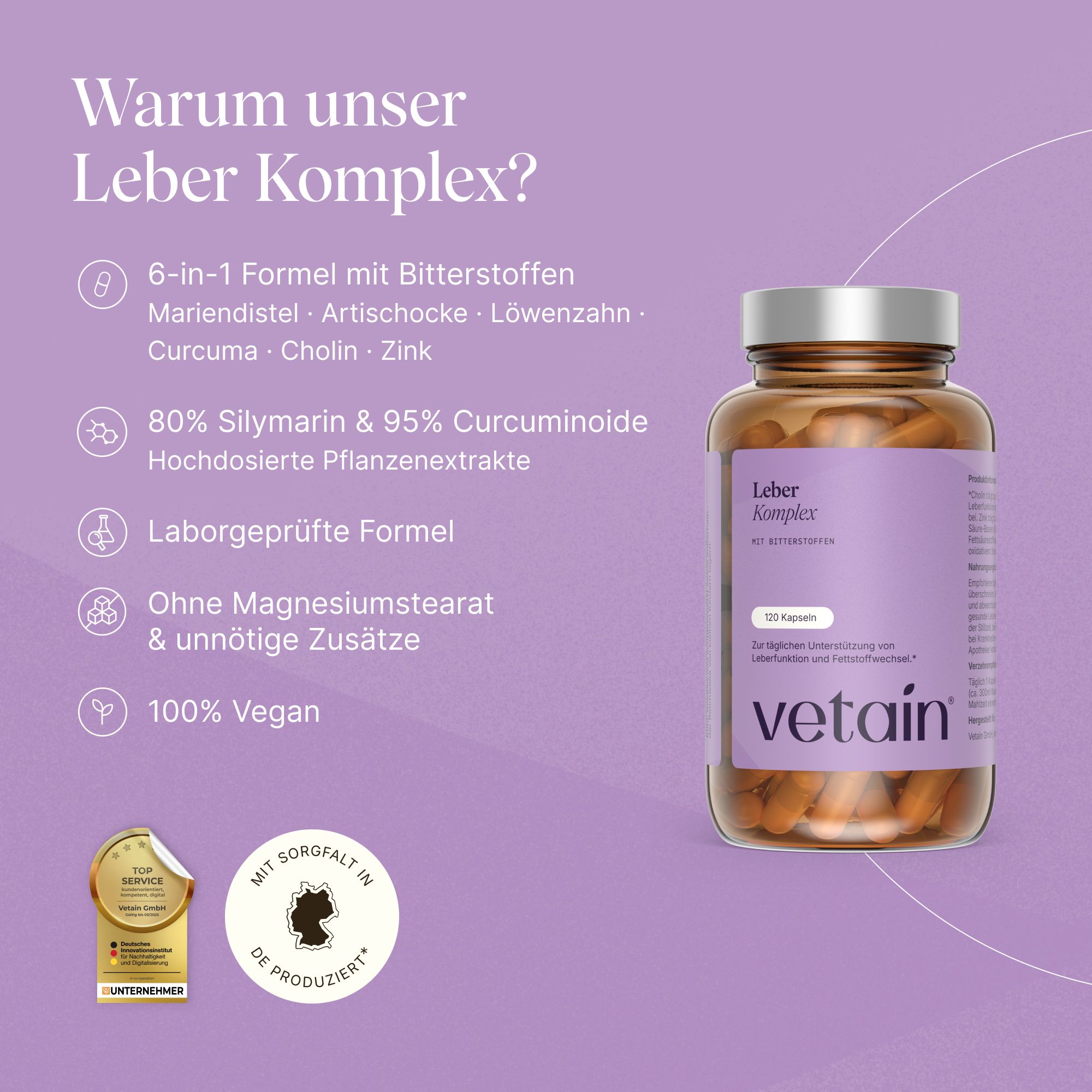 Flasche VETAIN Leber Komplex. Text: Warum unser Leber Komplex? 6-in-1 Formel, 80% Silymarin, 95% Curcuminoide, vegan.