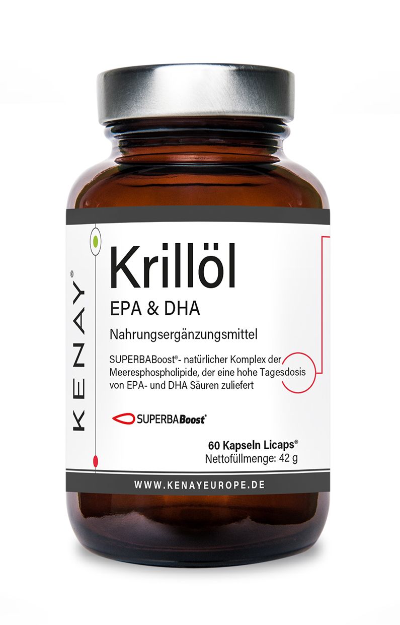 Braune Glasflasche mit weißem Etikett. Aufschrift: Krillöl EPA & DHA, KENAY, 60 Kapseln Licaps. SUPERBABoost-Komplex.