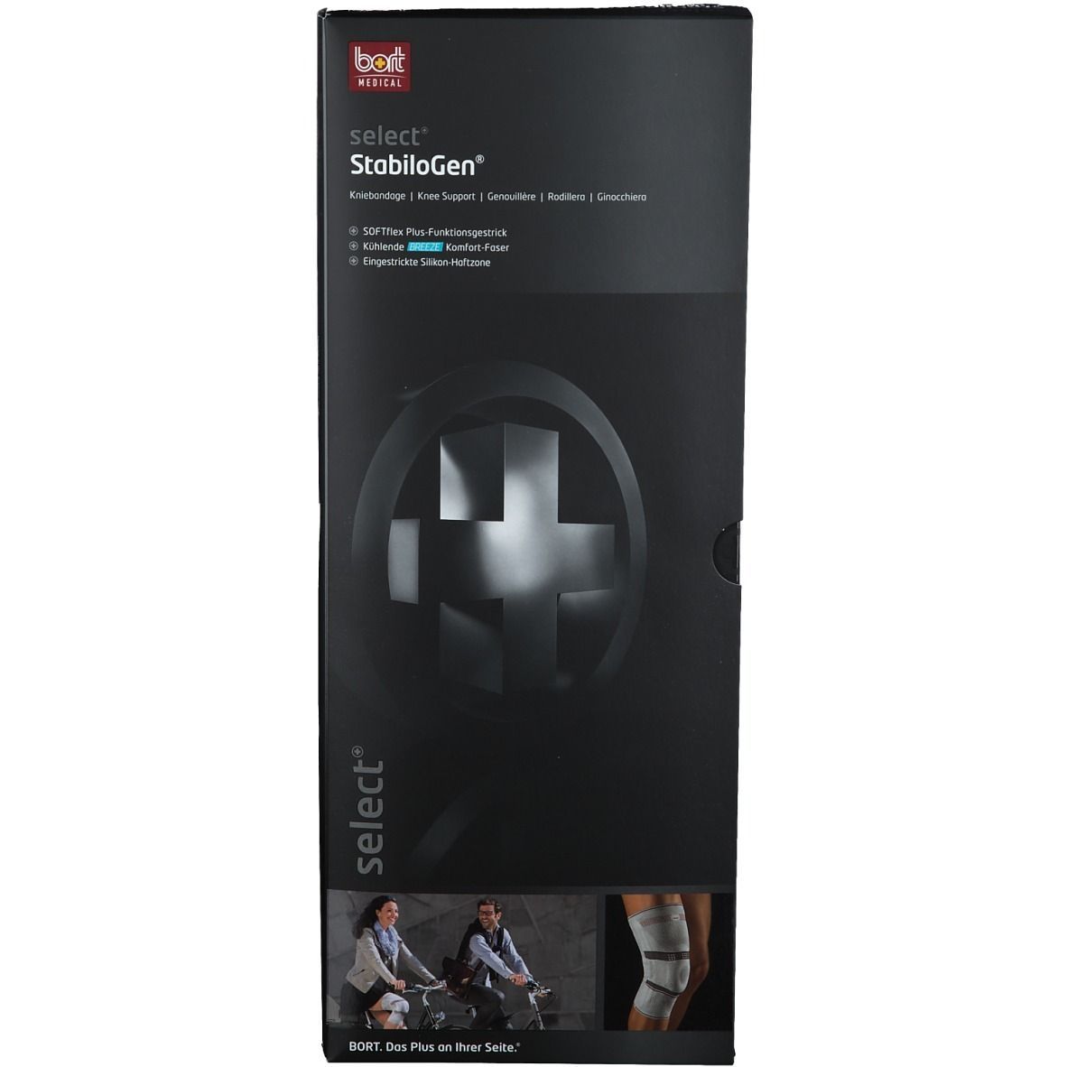 Schwarze Verpackung mit Produktnamen und Logo. Abbildung eines Kniegelenks. Text: BORT select StabiloGen.