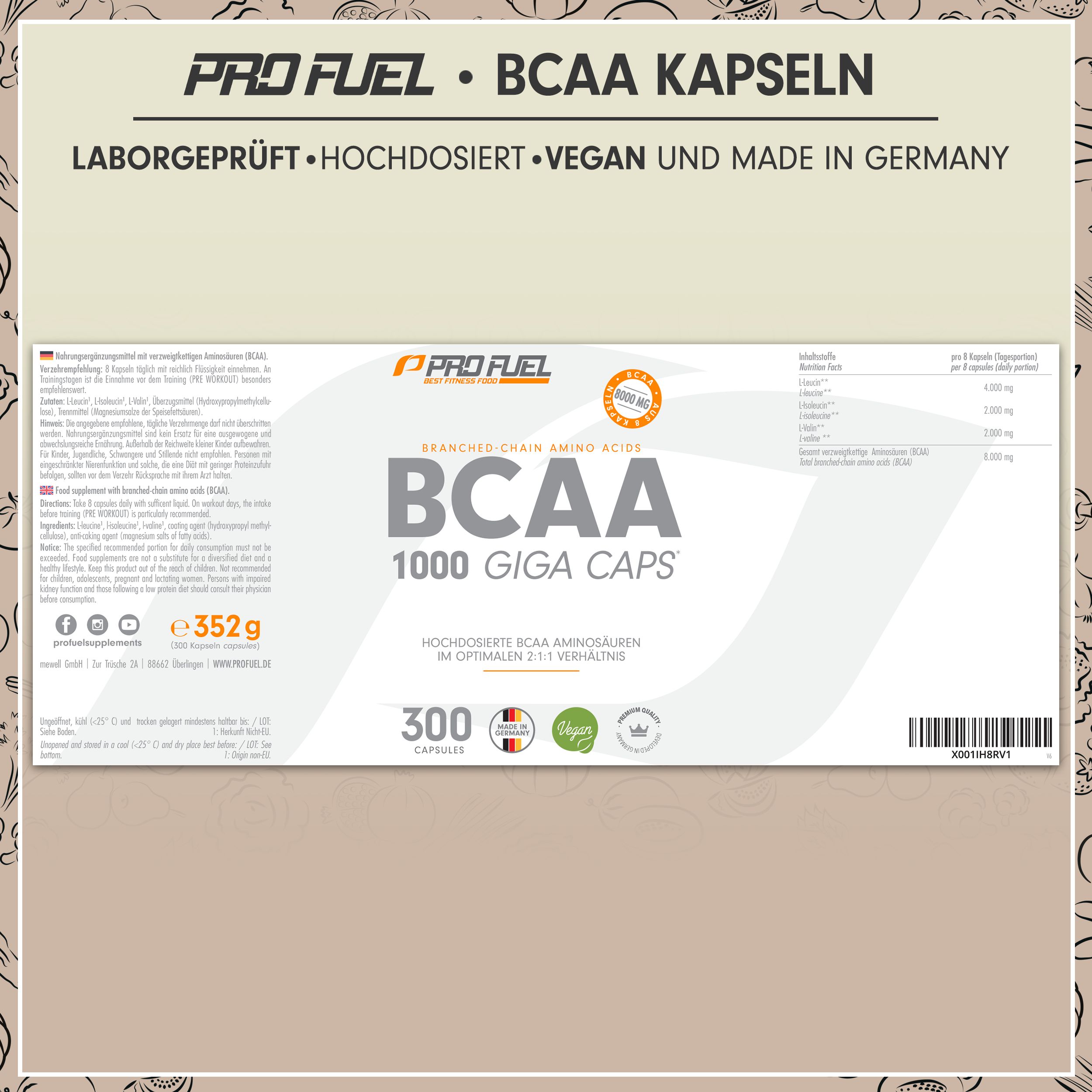 Verpackung von BCAA Kapseln. 300 Kapseln, 1000 GIGA CAPS. Laborgeprüft, hochdosiert, vegan, Made in Germany. 352g.