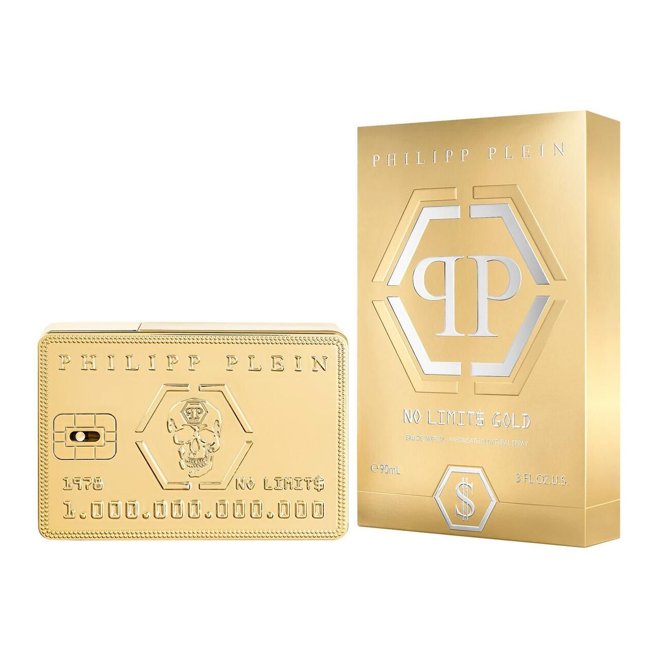 Goldfarbene Flasche und Verpackung. Flasche im Kreditkarten-Design mit Logo. Verpackung mit Logo und Text.